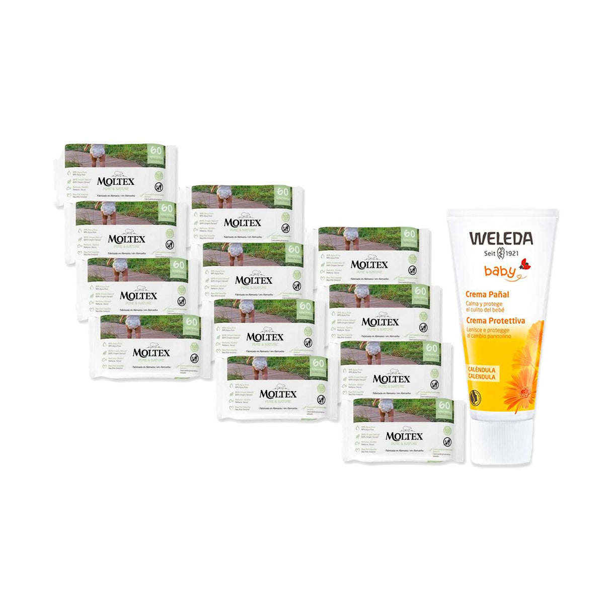 PACK ESPECIAL Crema de Pañal de Caléndula Weleda 75ml + Pack 12 x Toallitas Moltex Pure & Nature 60 Uds