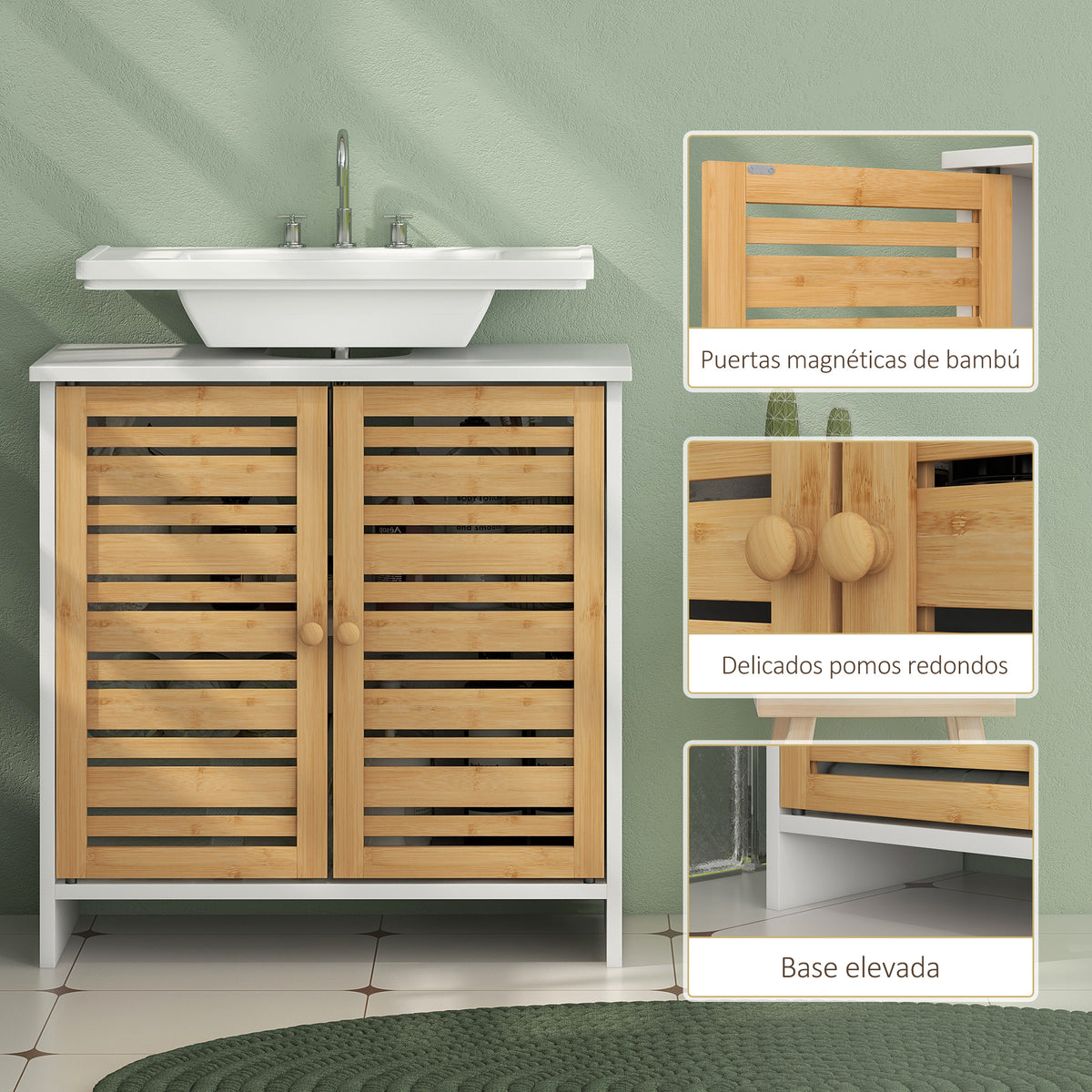 Conjunto De Baño Homcom Mdf, Bambú Blanco 21x17x78 Cm_5