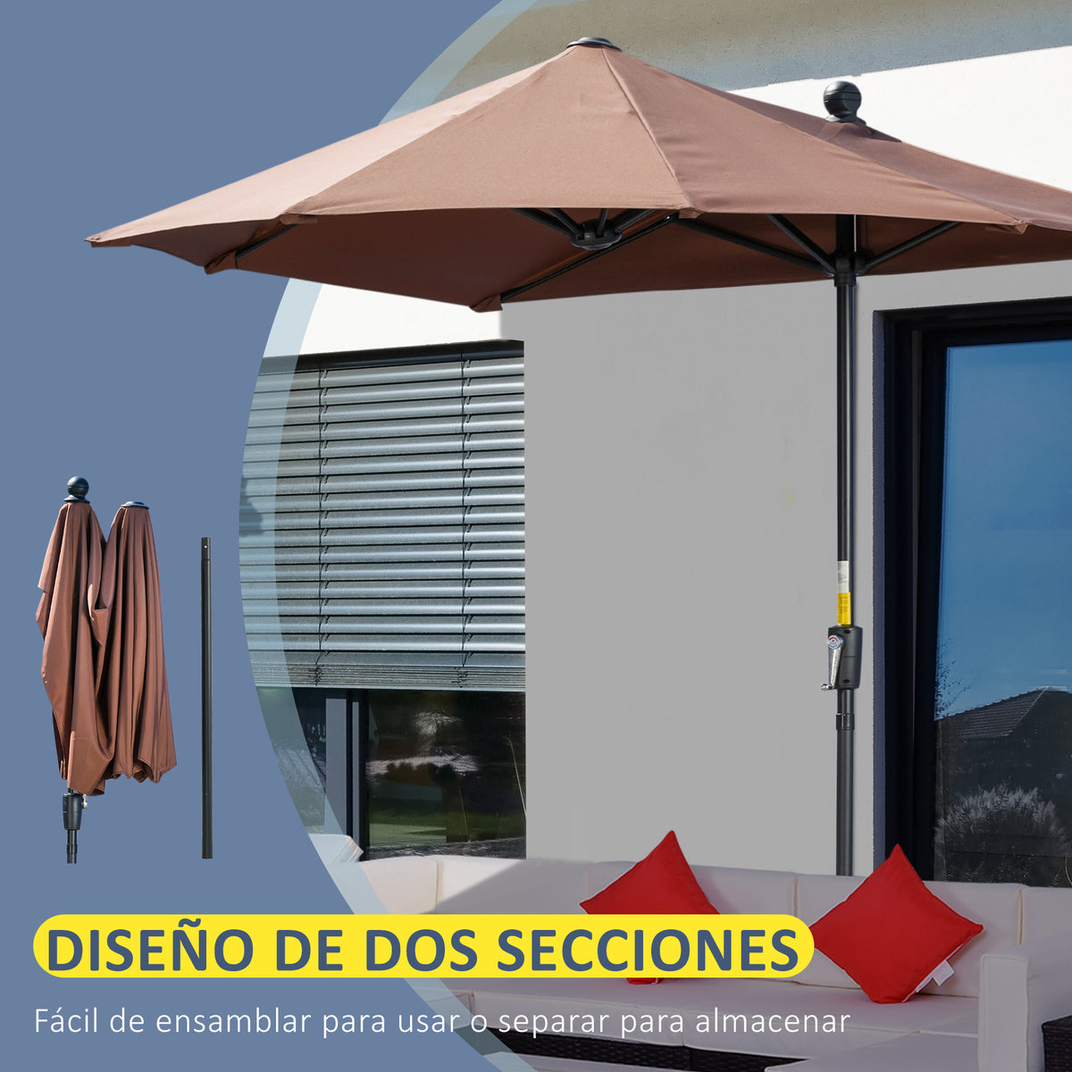 Sombrilla De Jardín Outsunny Acero, Poliéster Café 190x200x240 Cm_5