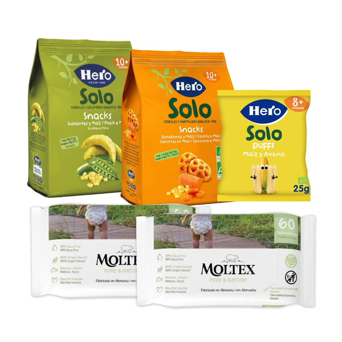 Pack Snacks de Zanahorias y Maíz Hero + Snack Maíz y avena Hero + Snack de guisantes y maíz Hero + 2 Toallitas Moltex Pure & Nature