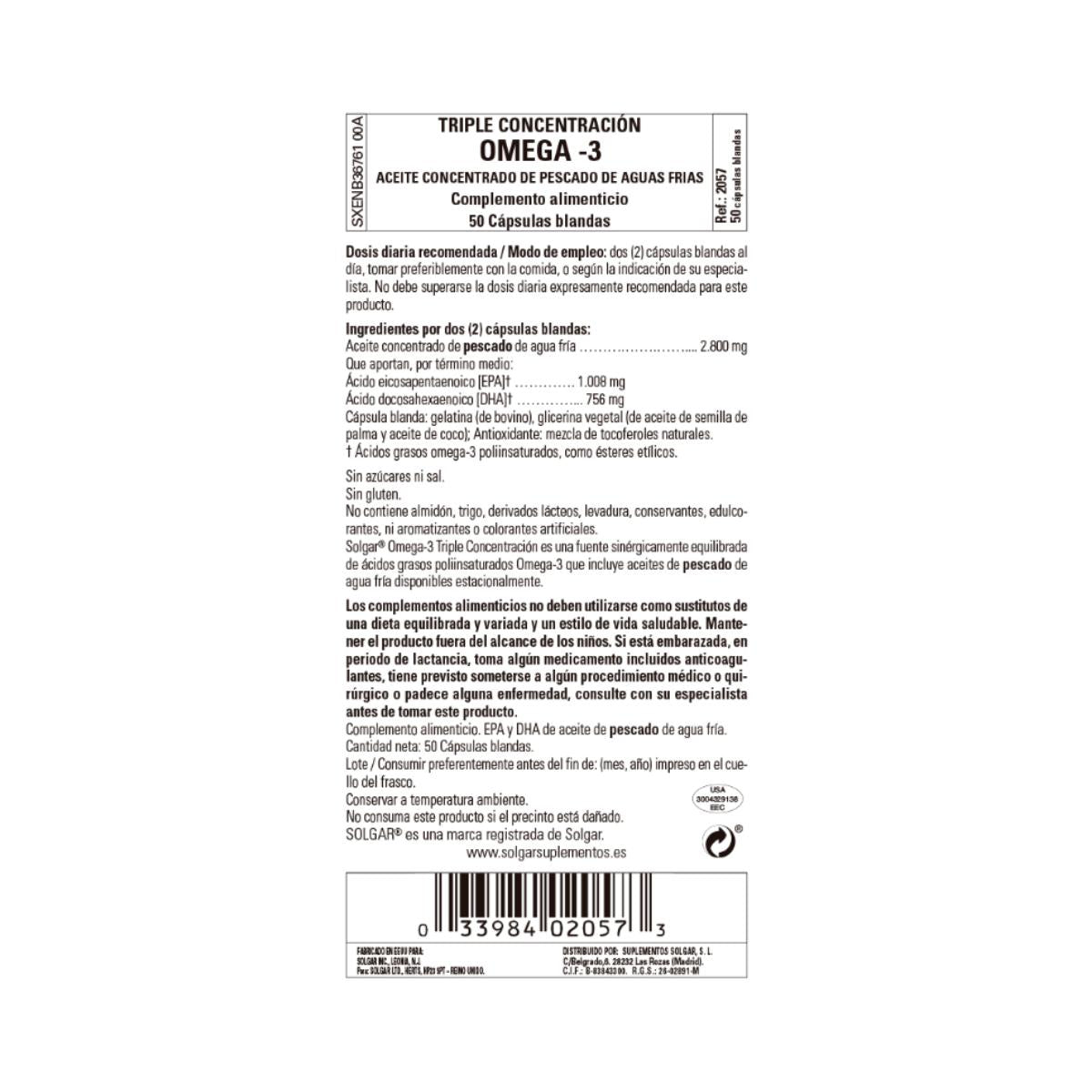 Omega 3 Triple Concentración Solgar 50 cápsulas