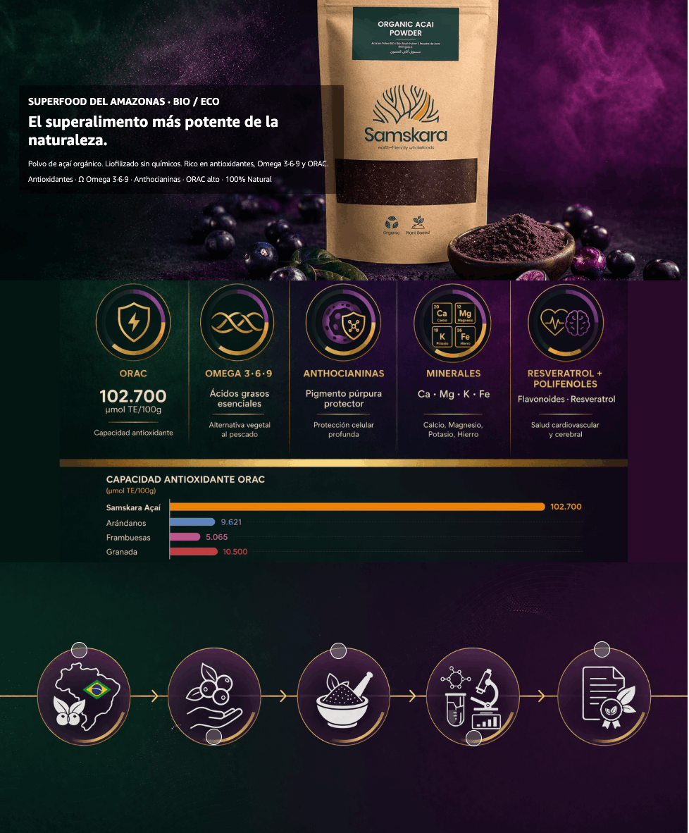 Açaí Liofilizado En Polvo Bio - 250g | Superalimento Ecológico Vegano Para Batidos, Smoothies Y Zumos_5