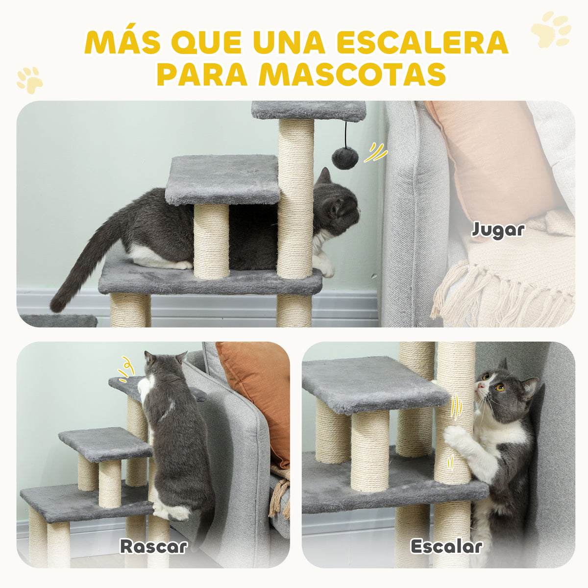 Pawhut Escalera Para Mascotas Ajustable De 3/4 Peldaños Con Bola Colgante Gris_5
