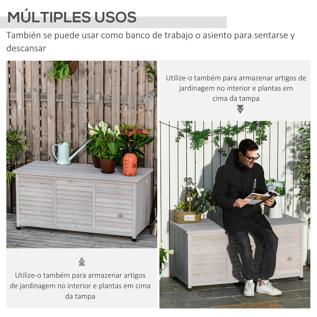 Baúl De Almacenaje Outsunny Madera De Abeto Gris 127x56x60 Cm_5