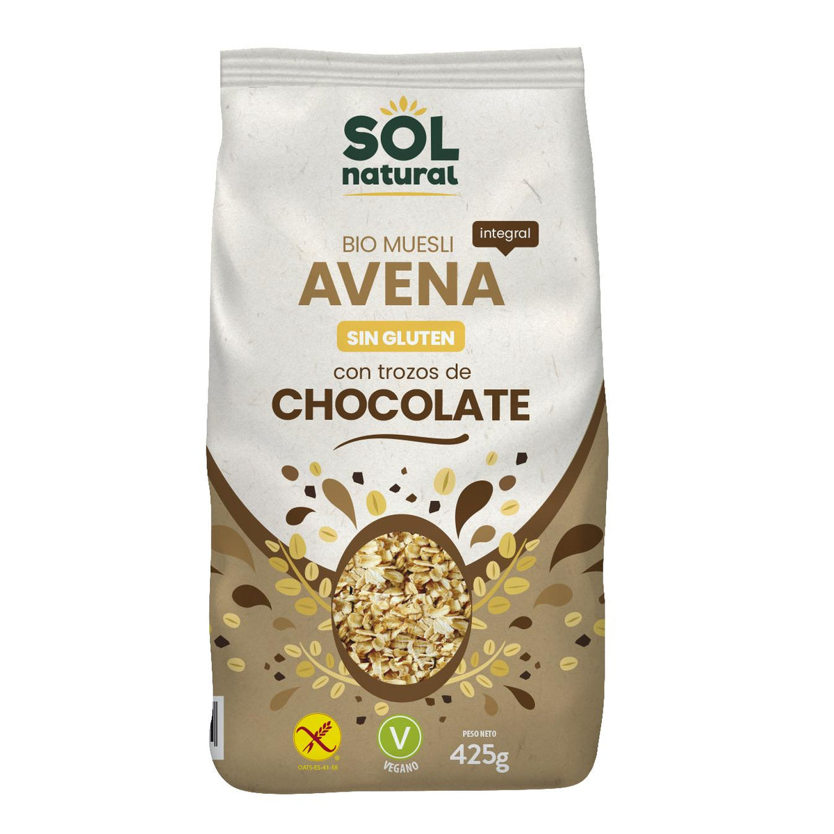 Muesli de avena sin gluten con chips de chocolate bio Sol Natural 425 g