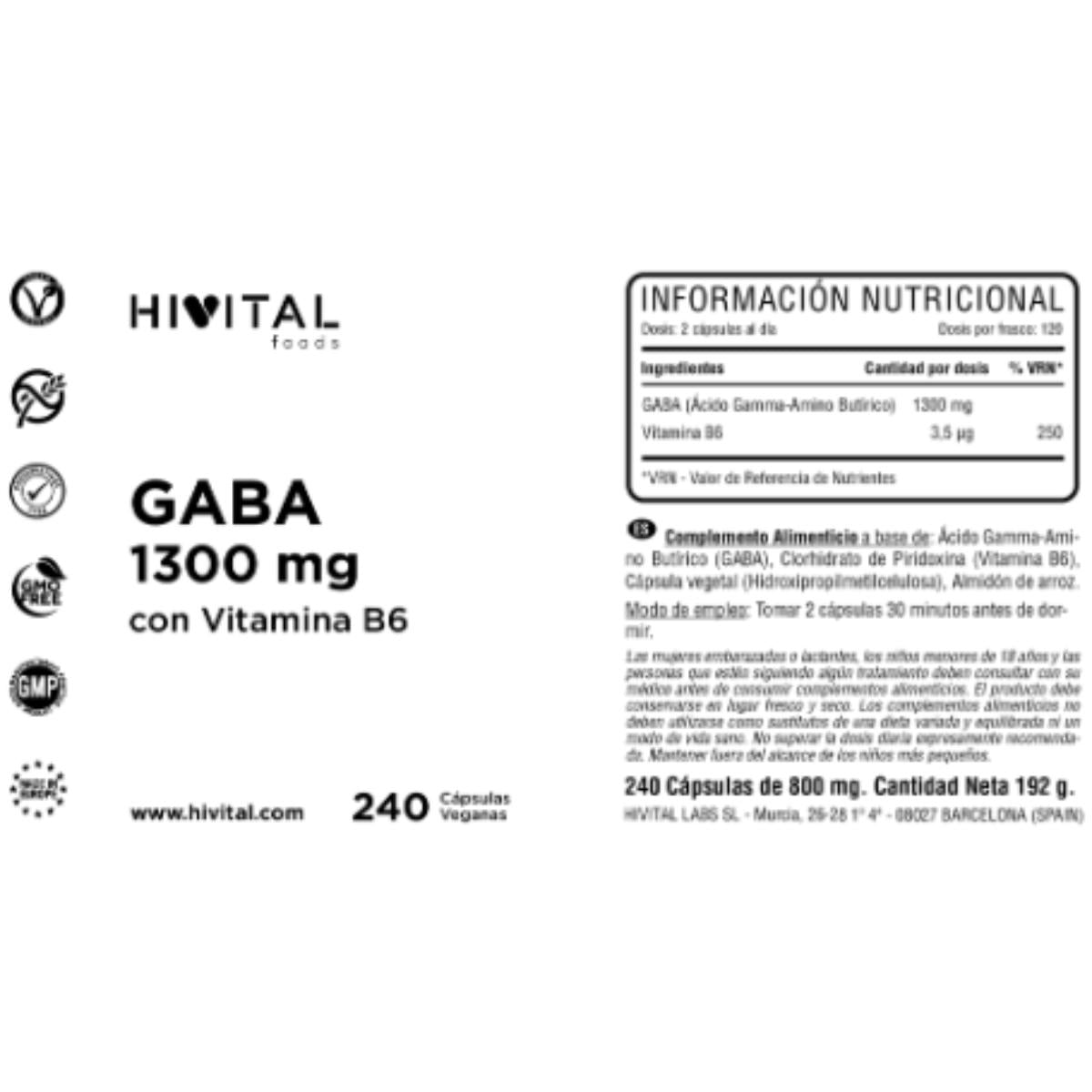 Gaba 1300 mg 240 cápsulas veganas Hivital