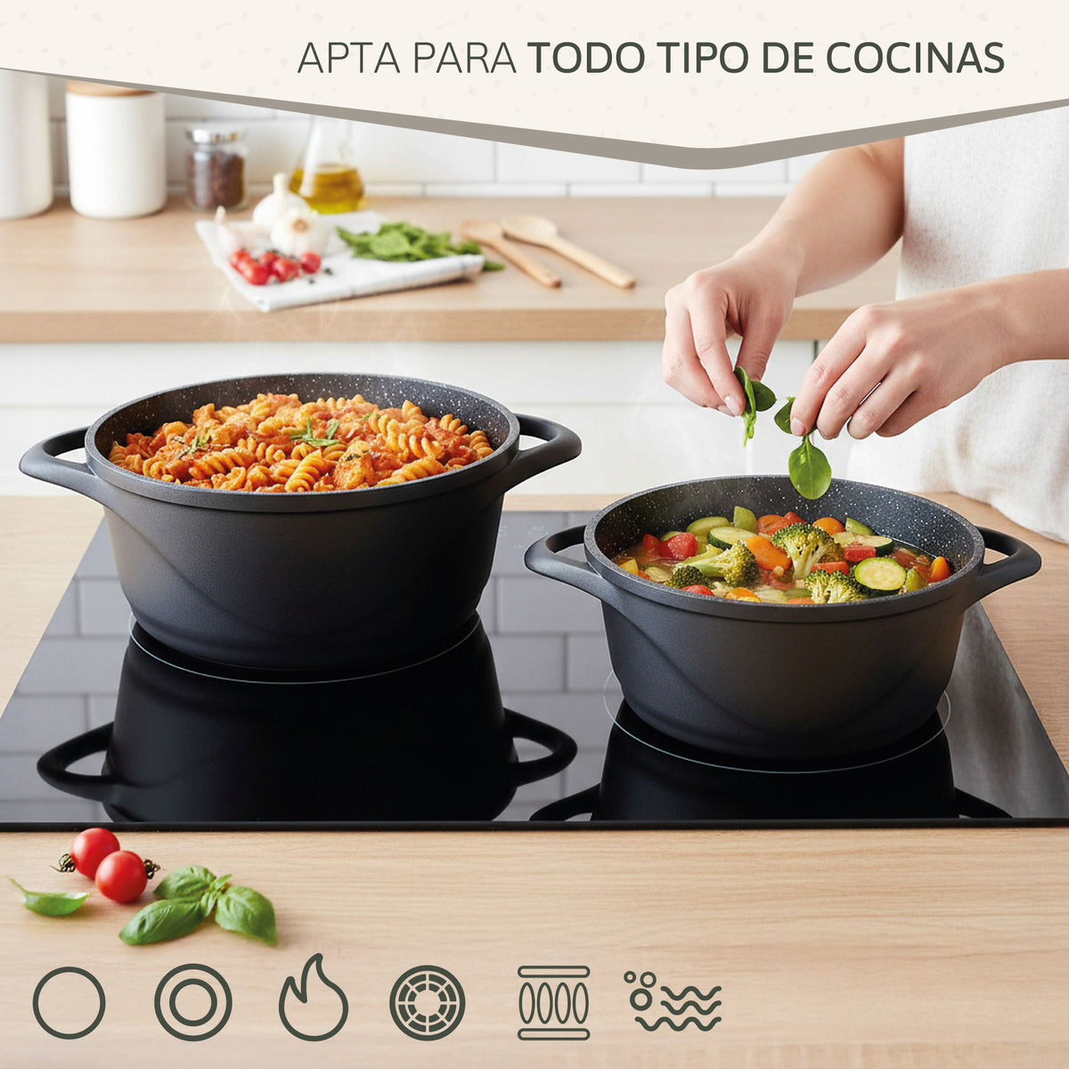 Briebe Batería De Cocina Inducción 8 Piezas Aluminio Fundido 4 Ollas Con Tapa De Cristal Antiadherente, Mgk-17, Negro_5
