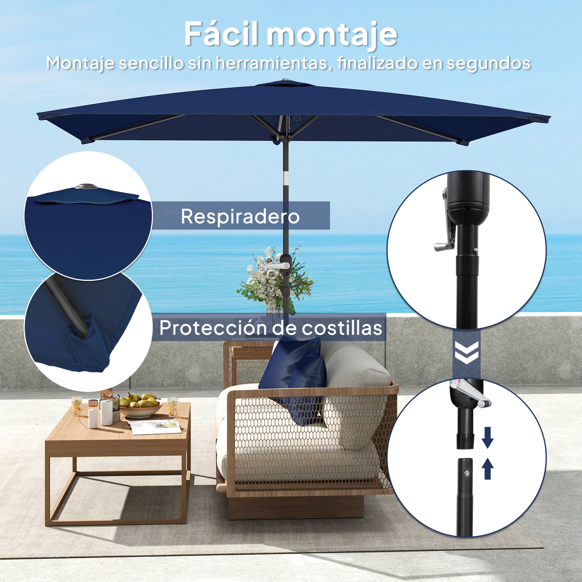 Sombrilla De Jardín Outsunny Aluminio, Poliéster Azul Marino 198x294x255 Cm_5