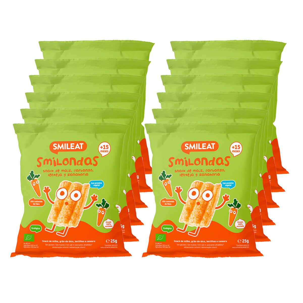 Pack 12x Smilondas Snack de Maiz, garbanzo, lenteja y Zanahoria Eco, Smileat, 25 g