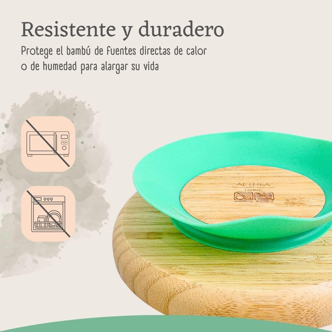 Vajilla De Bambú Natural Para Bebé Con Ventosa Antideslizante 2 Piezas Althea Living Verde Aguamarina_5