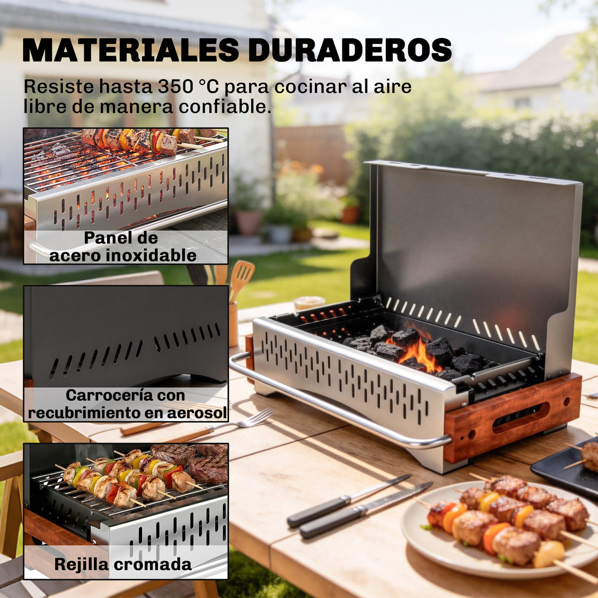 Barbacoa De Carbón Outsunny Metal, Acero Inoxidable Negro 50.5x34x33 Cm_5