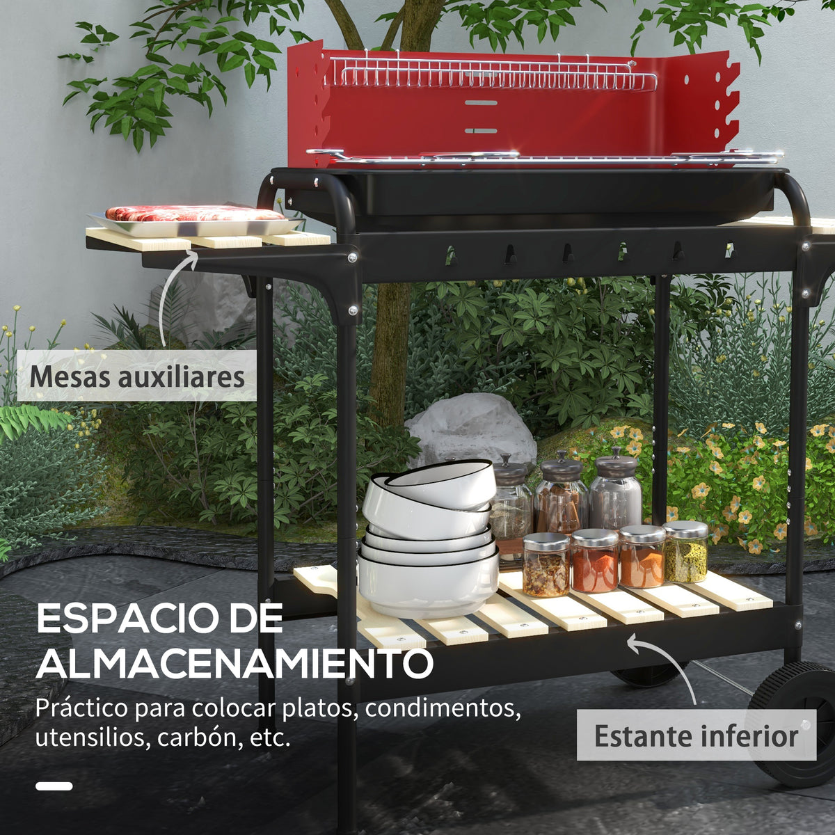 Barbacoa De Carbón Outsunny Metal, Madera De Pino Rojo 103x47x95 Cm_5