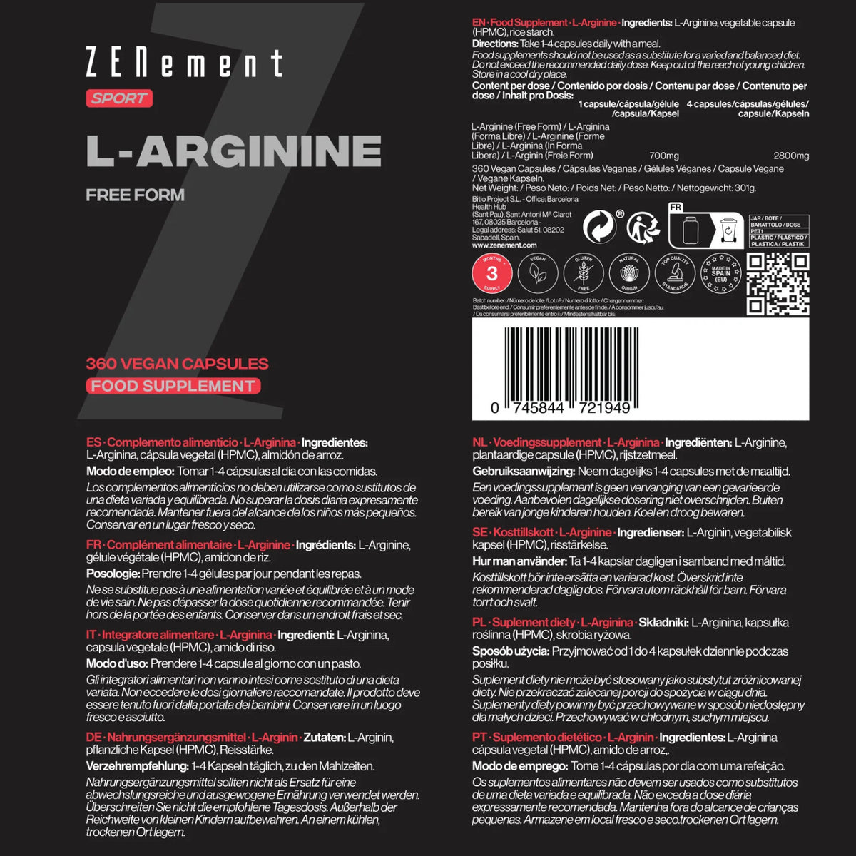 L-Arginina 700 mg Zenement 360 Cápsulas Veganas