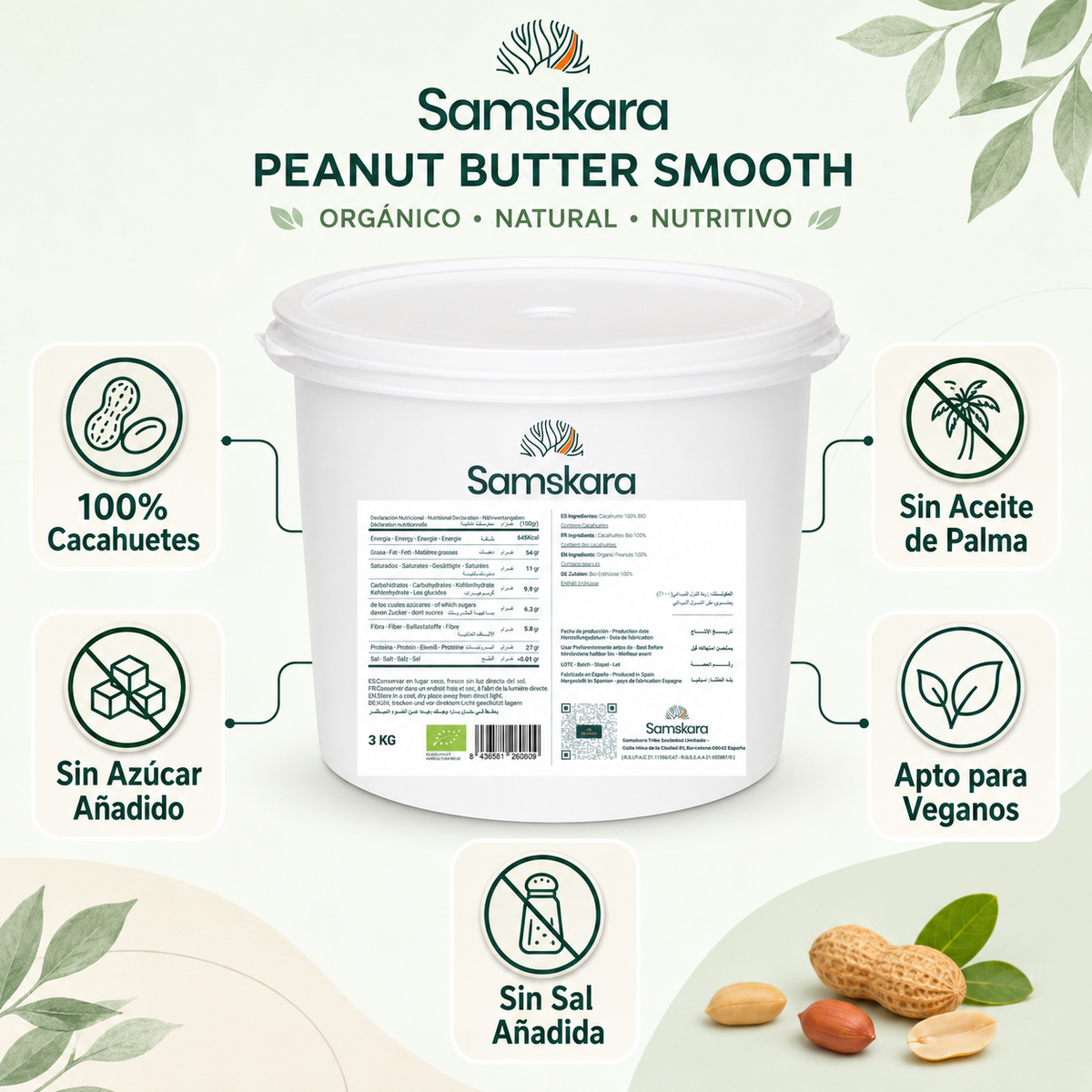 Crema De Cacahuete Ecológica Bio Smooth - 3kg (bote Único) | 100% Cacahuete Tostado, Sin Azúcares Ni Aceite De Palma_5
