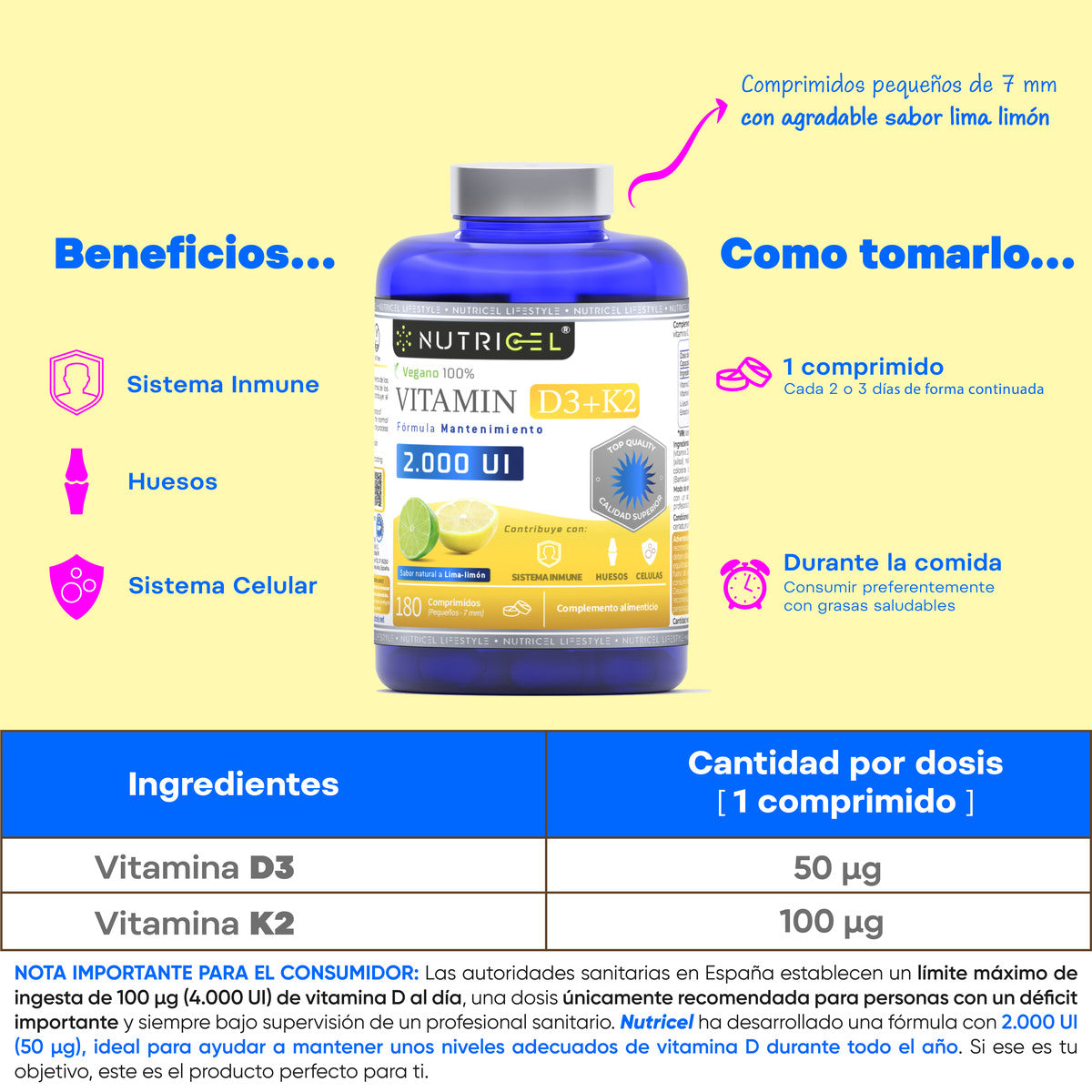 Vitamina D3 + K2 MK7 2000 UI Vegana Nutricel 180 comprimidos sabor lima-limón