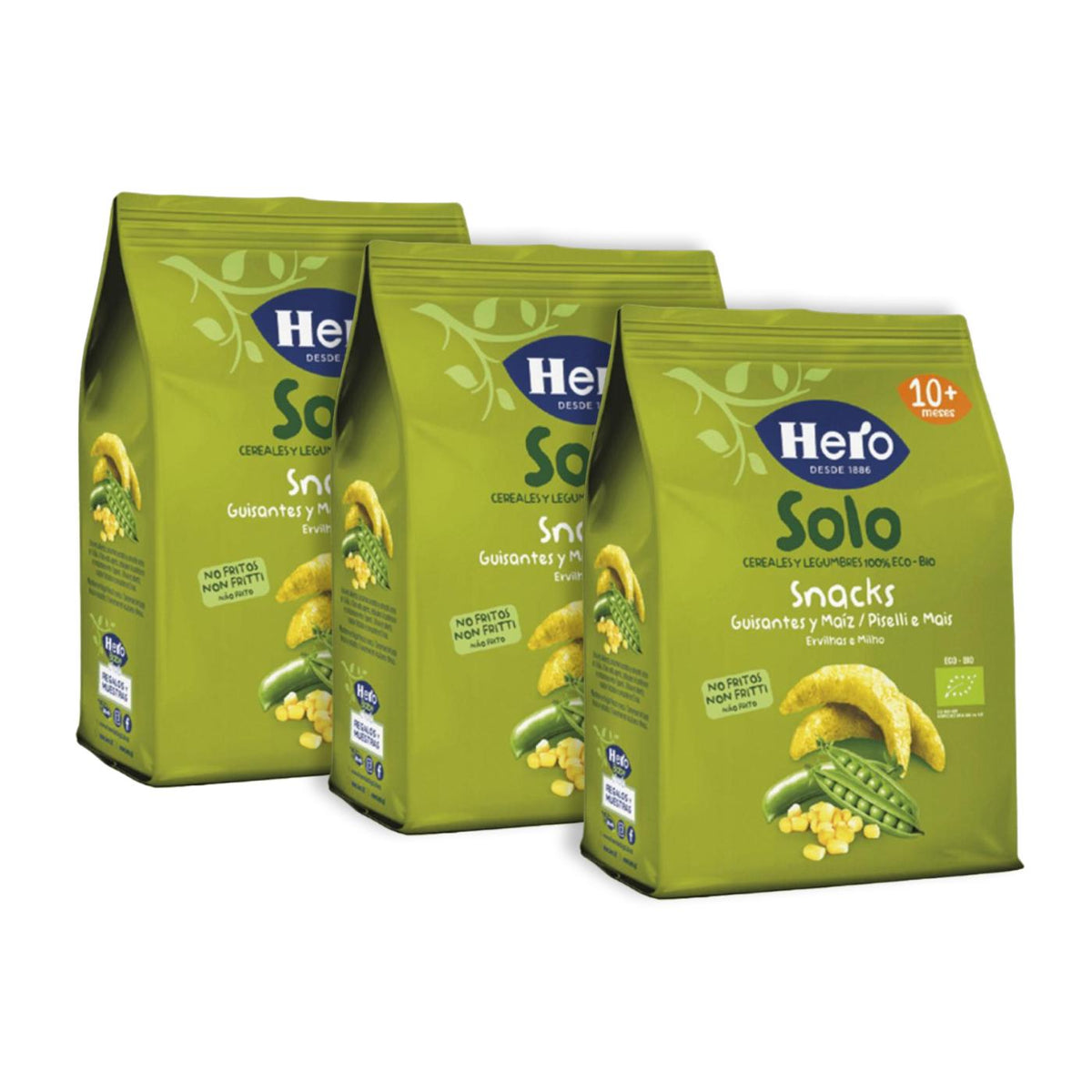 Pack x3 Snacks de guisantes y maíz Eco-Bio desde 10 meses bolsa 40 g- Hero Solo