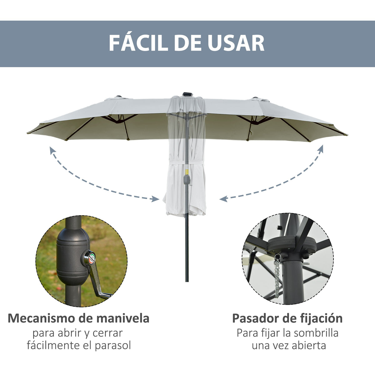 Sombrilla Doble Outsunny Acero, Poliéster Gris Claro 450x265x240 Cm_5