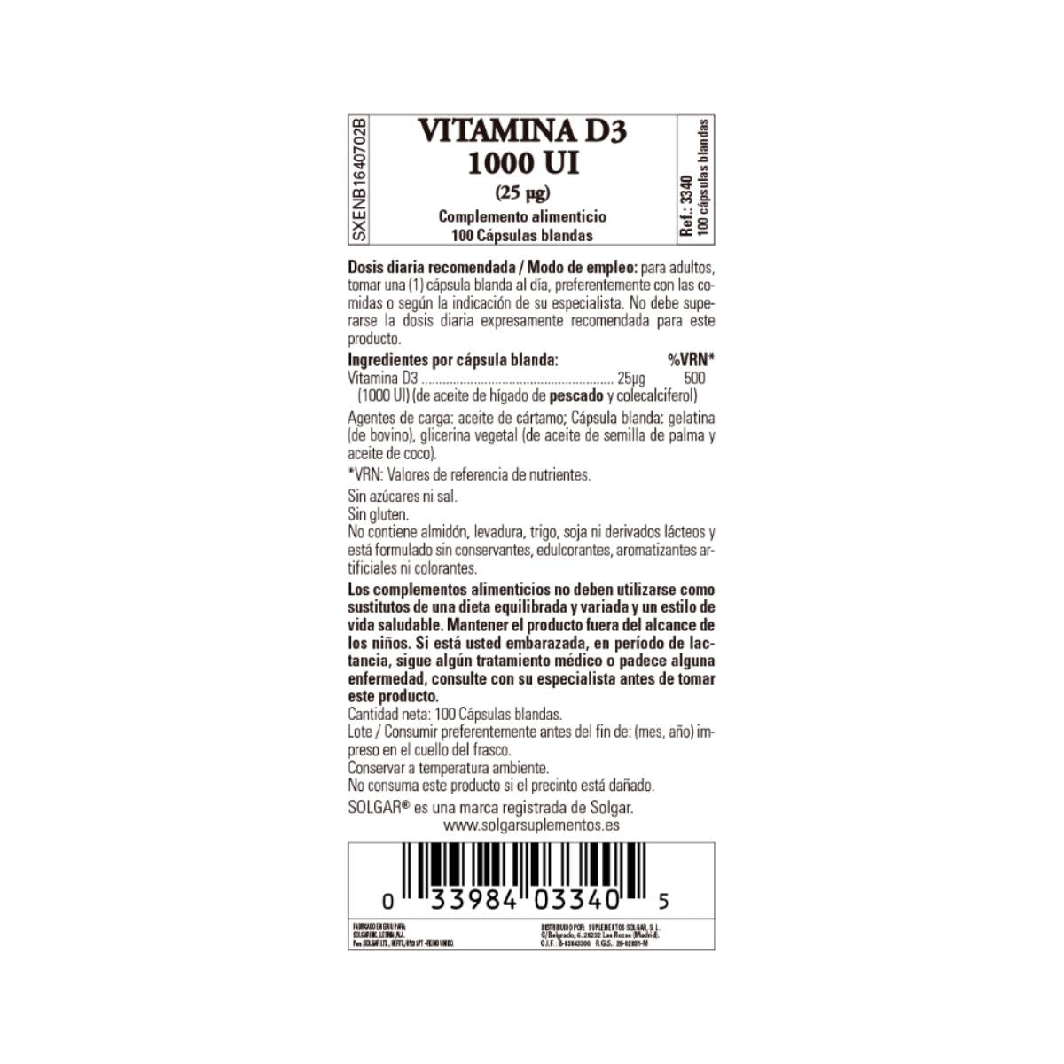 Vitamina D3 1000 IU, 100 perlas de 25μg