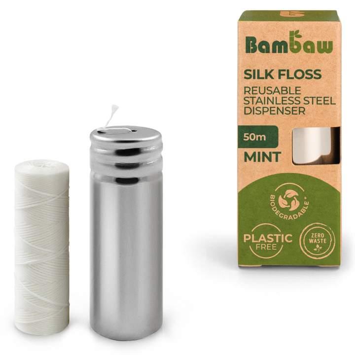Hilo dental Seda 50 metros y dispensador acero bambaw