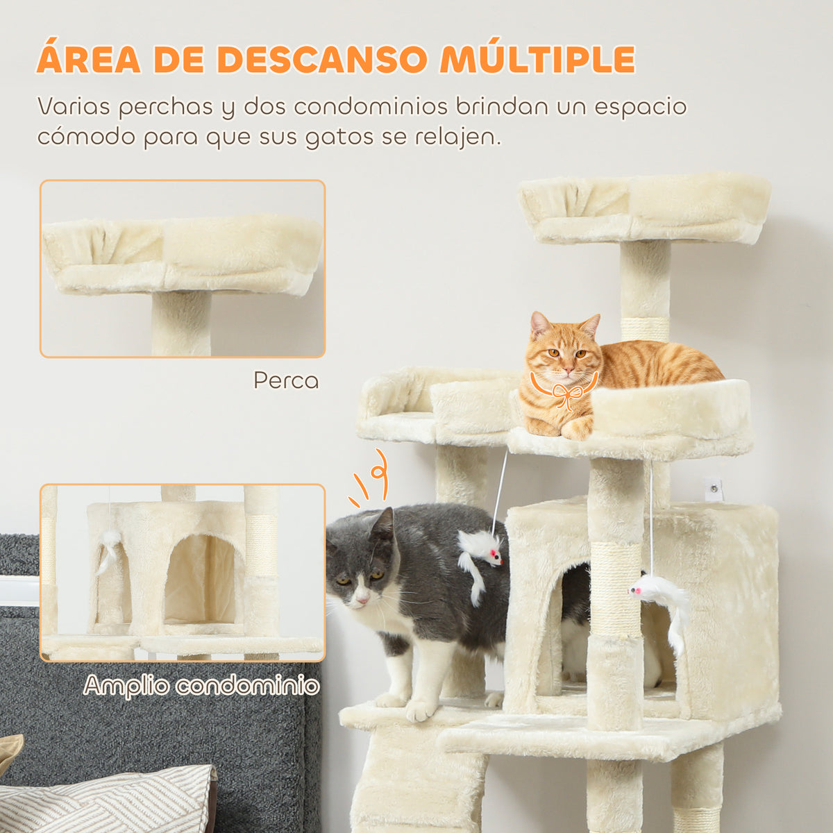 Pawhut Árbol Rascador Para Gatos 153 Cm Con 2 Cuevas 3 Camas 2 Rampas Crema_5