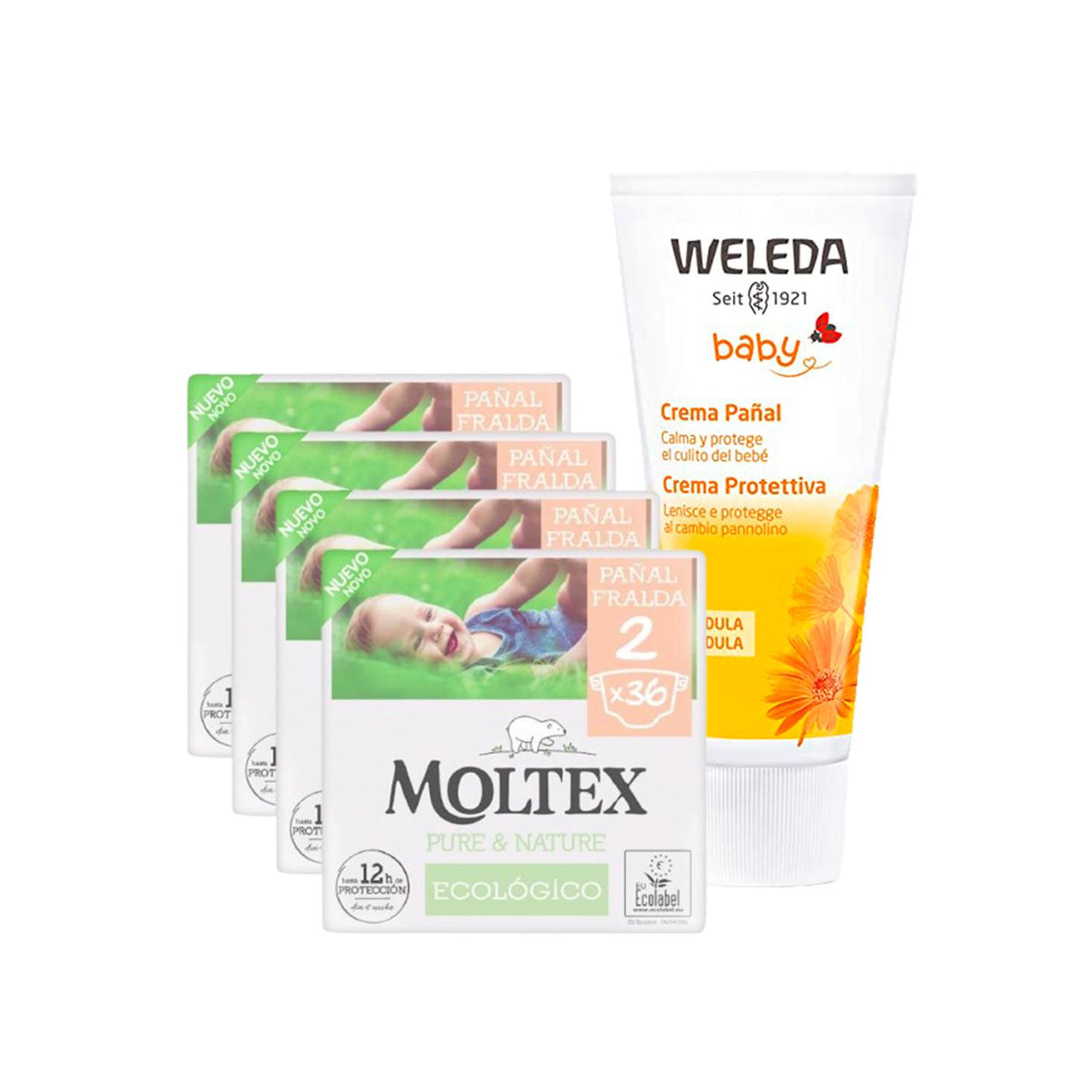 PACK ESPECIAL Crema de Pañal de Caléndula Weleda 75ml + Pack ahorro Pañales T2 (3-6 kg) Moltex Pure & Nature 144 Uds