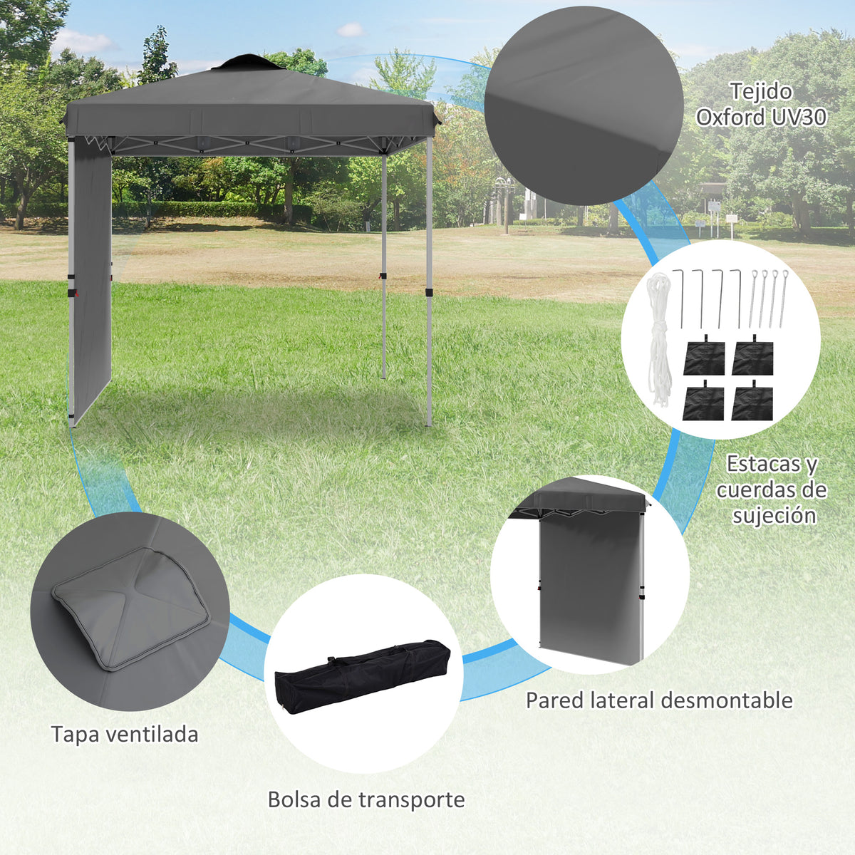 Carpa Plegable Outsunny Acero, Tela Oxford Gris Oscuro 247x247x268 Cm_5