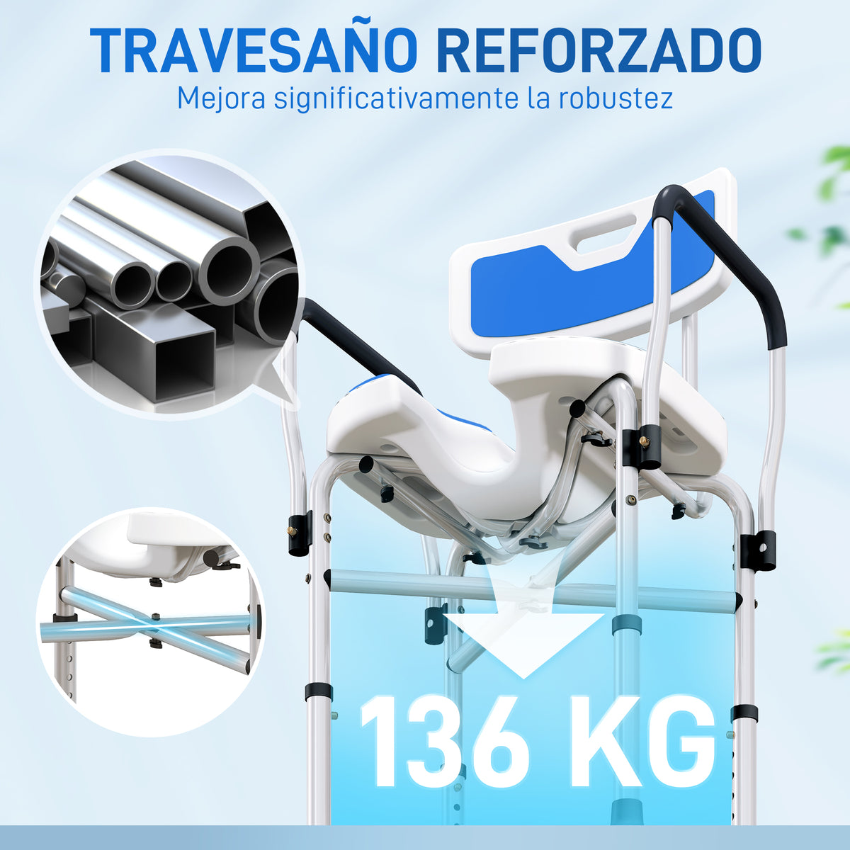 Silla De Ducha Homcom Hdpe, Aluminio Azul 53x41.5x91.5 Cm_5