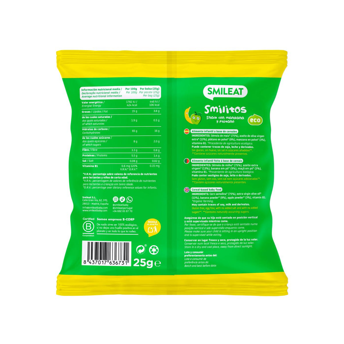 Pack 3x Smilitos de Manzana y Plátano Smileat 25g