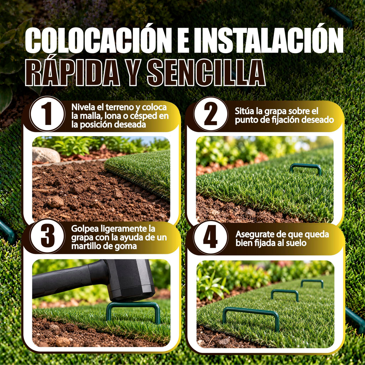 GREEN GOF 50 Grapas Verdes Para Cesped Artificial, Malla Antihierba Y Jardin. Acero Galvanizado, 15x4cm, Ø3mm._5