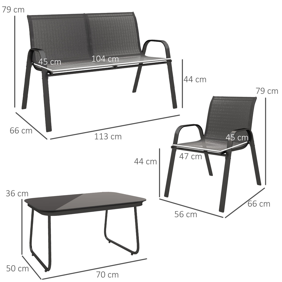 Muebles De Jardín Outsunny Acero, Textilene Negro 113x66x79 Cm_2