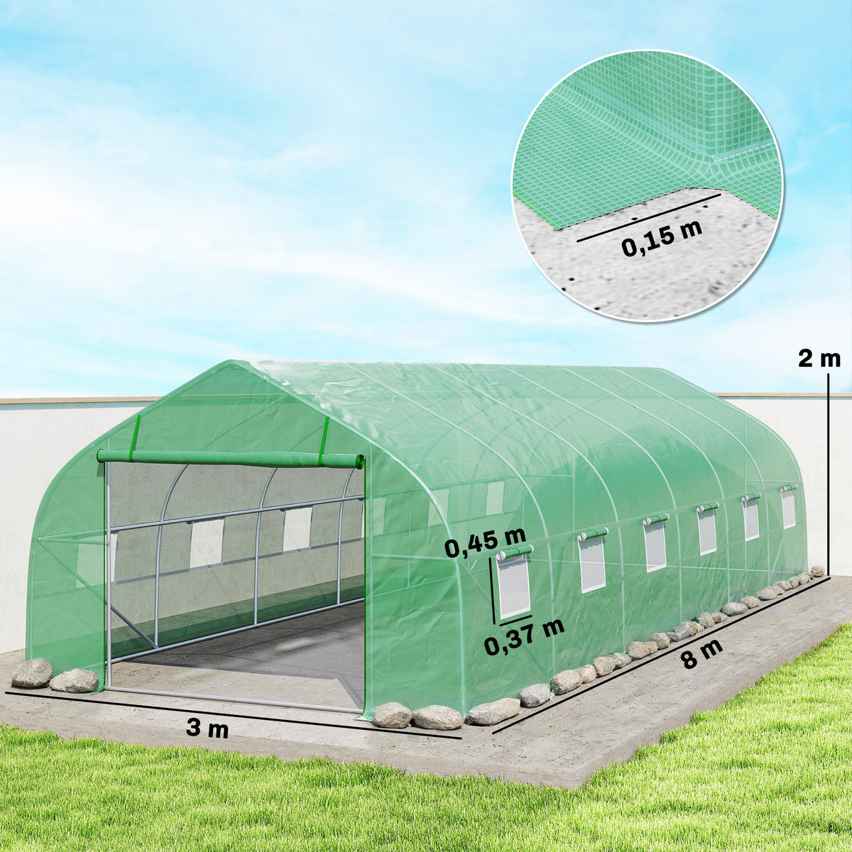 Invernadero De Túnel Jardín Con 12 Ventanas Outsunny 8x3x2m Verde_2