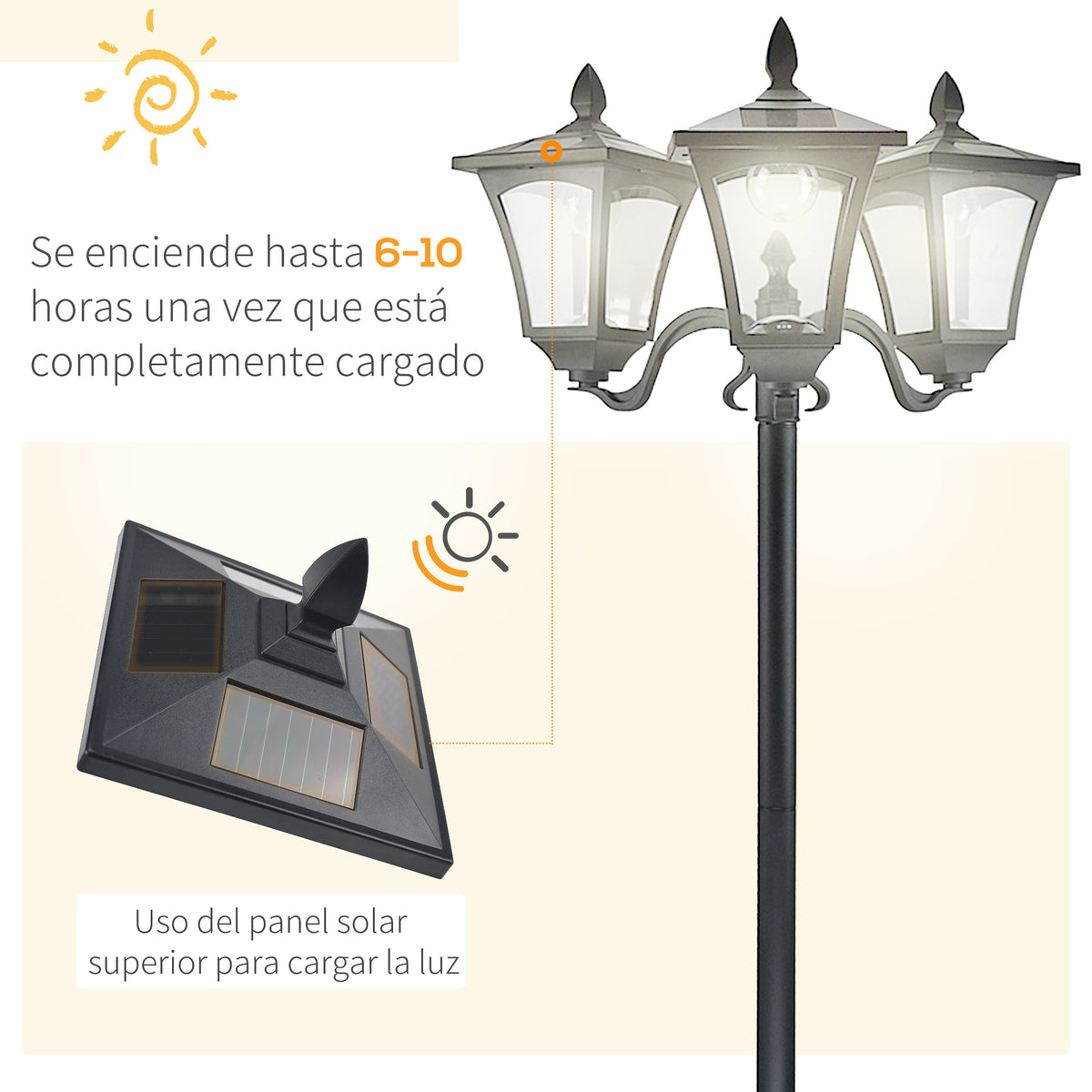 Farolas Solares Outsunny Plástico, Acero Inoxidable Negro 51.5x47x182.5 Cm_5