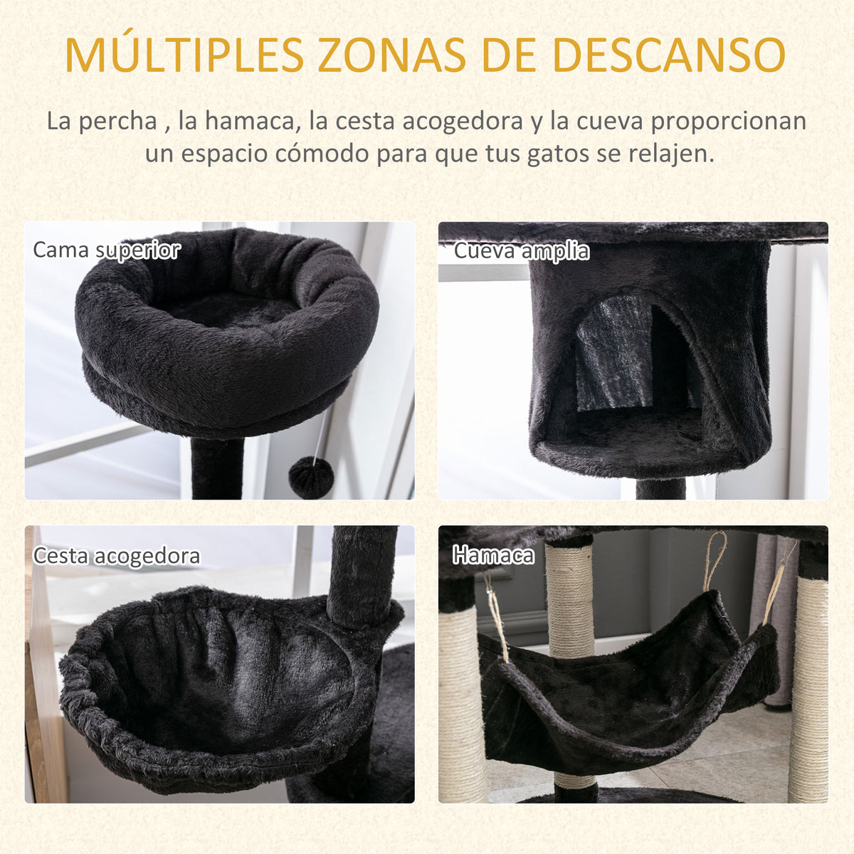 Pawhut Rascador Para Gatos 153 Cm Con Cueva Plataformas Postes De Sisal Y Bola_5