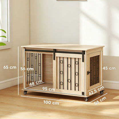 Pawhut Jaula Para Perros Mesa Auxiliar Con 2 Puertas Y Cierre 100x56x65 Cm Roble_2