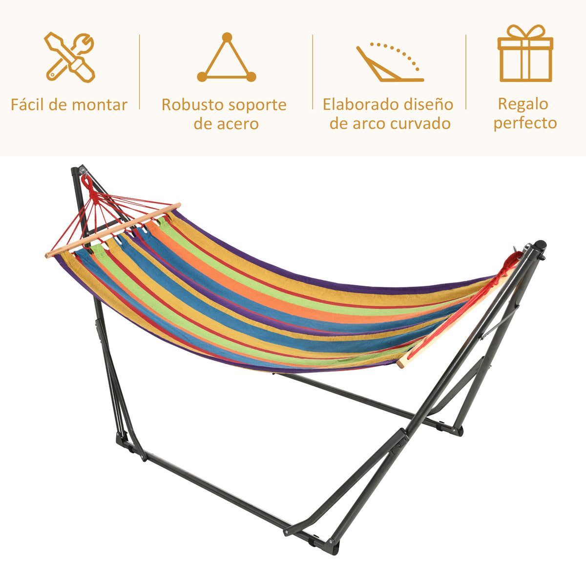 Hamaca Outsunny Acero, Algodón Multicolor 270x100x94 Cm_5