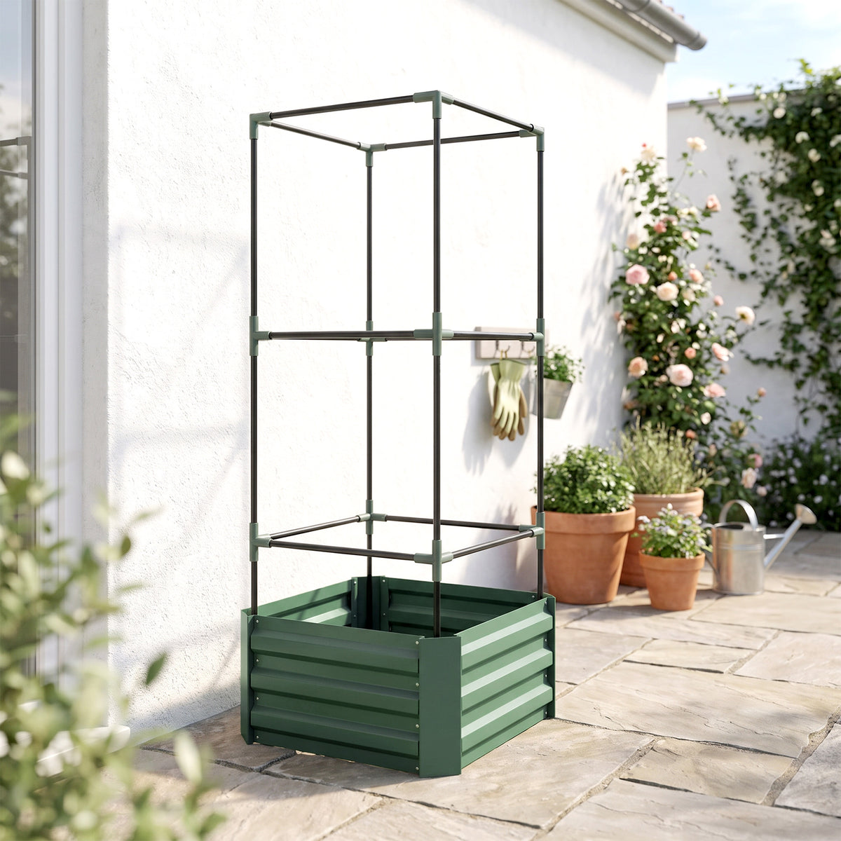 Jardinera Con Celosía Outsunny Acero, Acero Galvanizado Verde 61x61x140 Cm_1