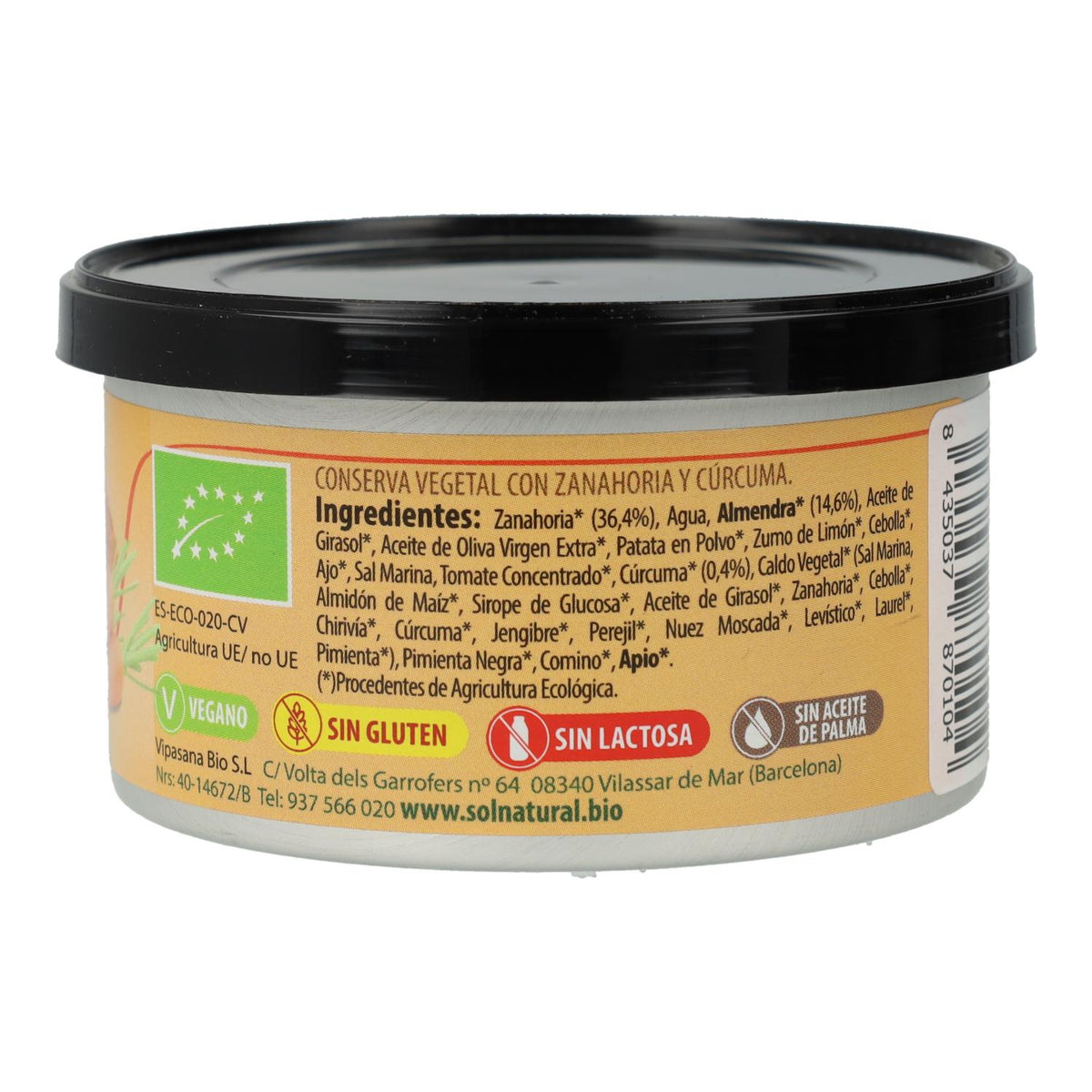Paté Vegano de Zanahoria y Cúrcuma Sin gluten Bio Sol Natural 125 g