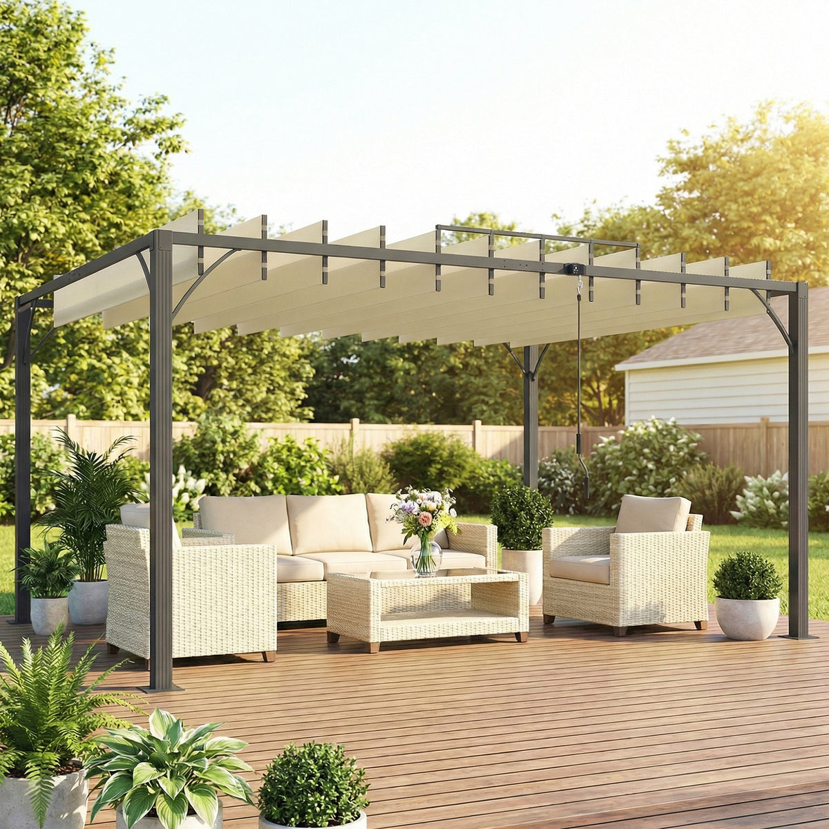 Pérgola Outsunny Aluminio, Poliéster Crema 390x295x213 Cm_1