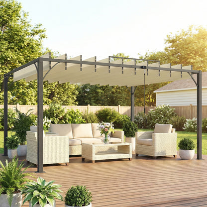 Pérgola Outsunny Aluminio, Poliéster Crema 390x295x213 Cm_1