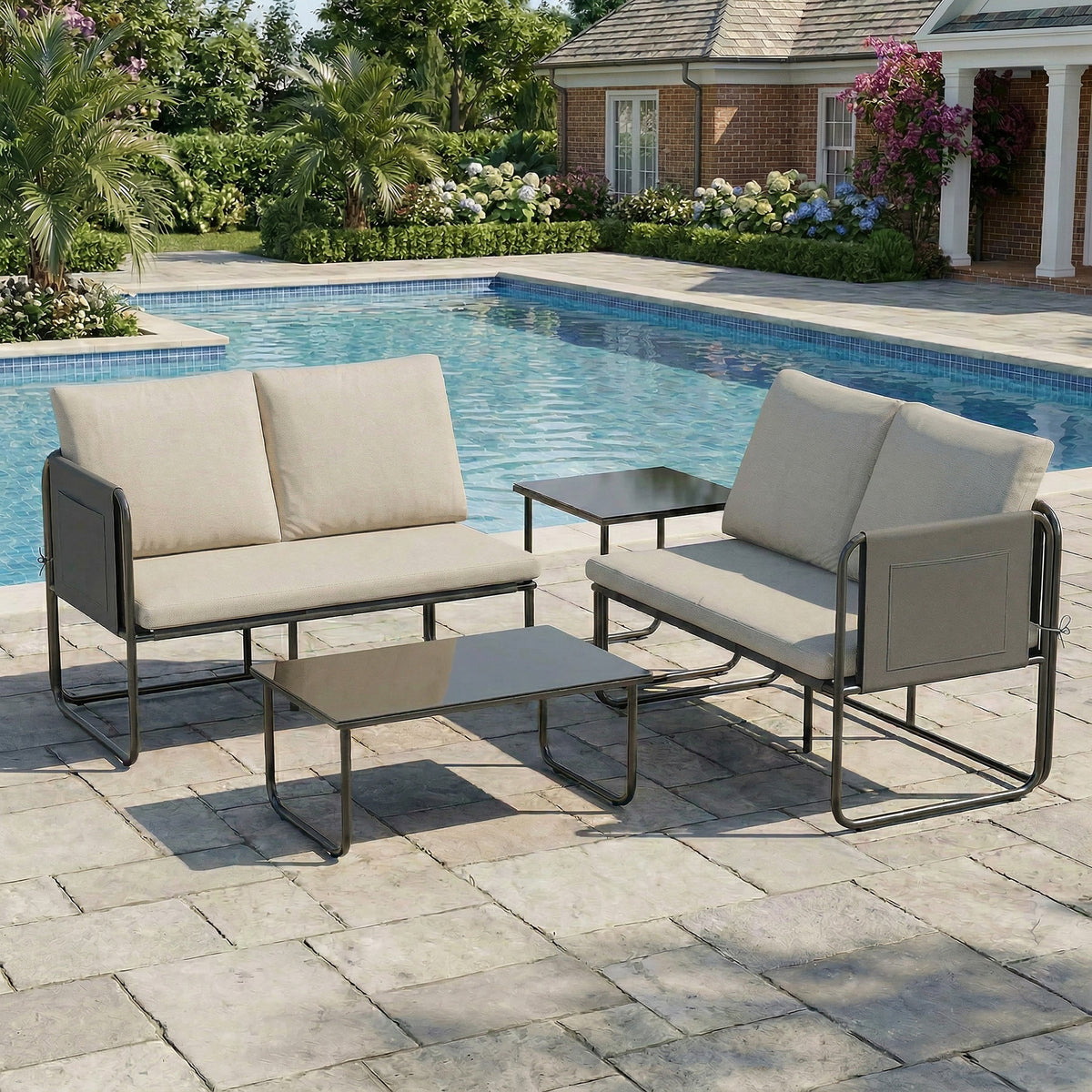 Muebles De Jardín Outsunny Acero, Textilene Caqui 113x64x71 Cm_1