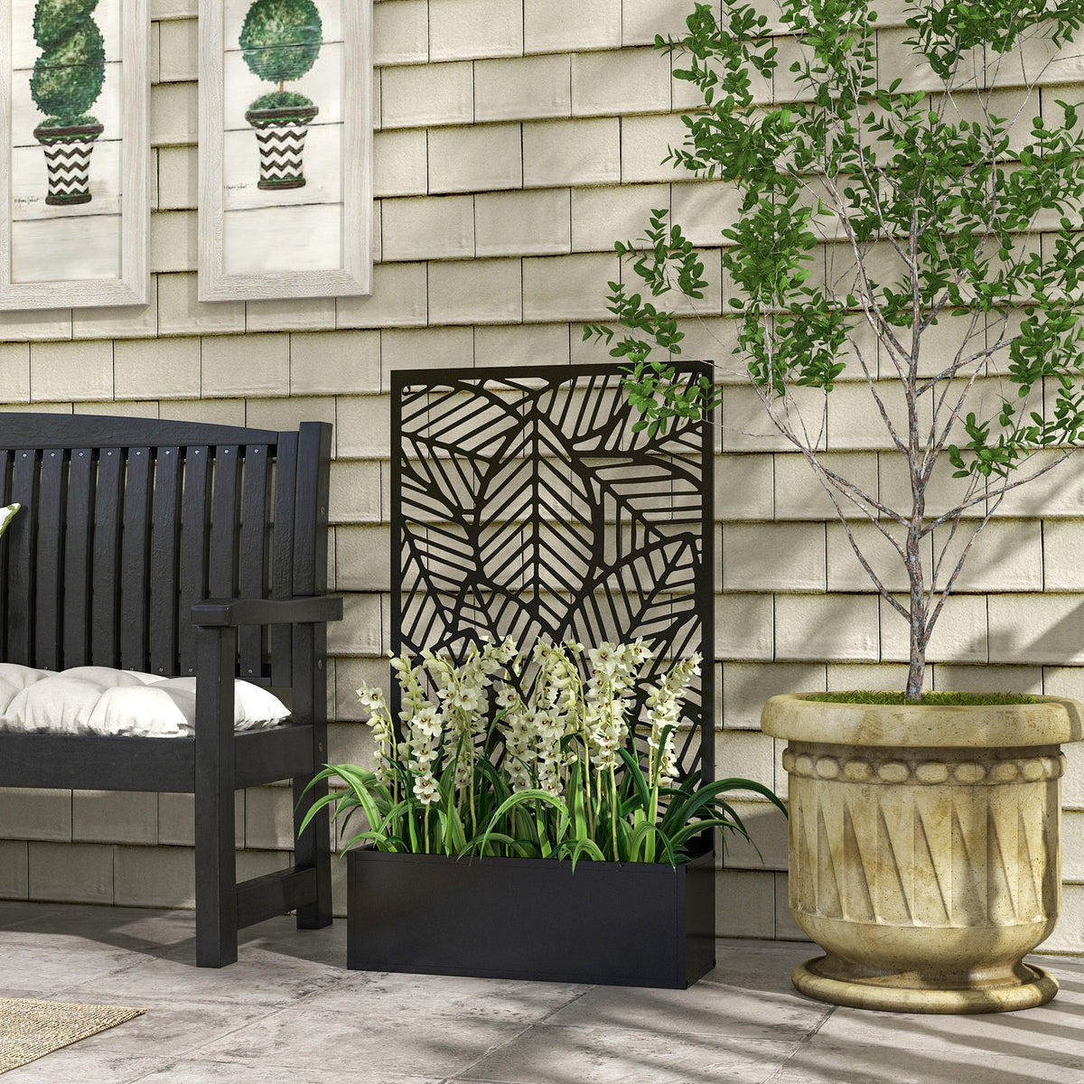Jardinera Con Biombo Outsunny Metal Negro 61x23x113 Cm_1