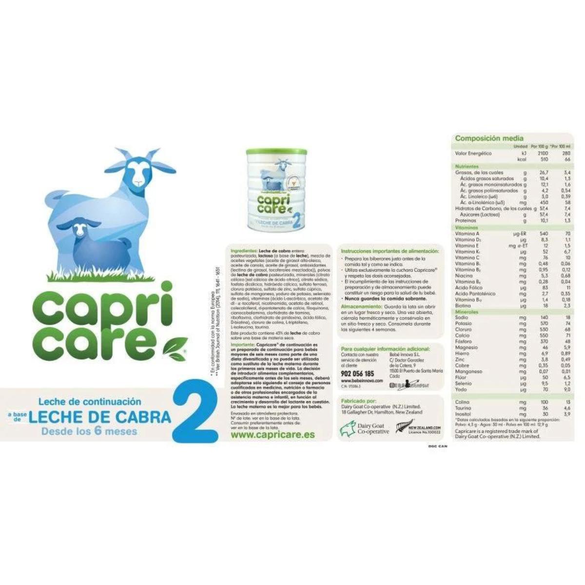 Leche de fórmula de cabra, leche continuación 2 Capricare 800 gr