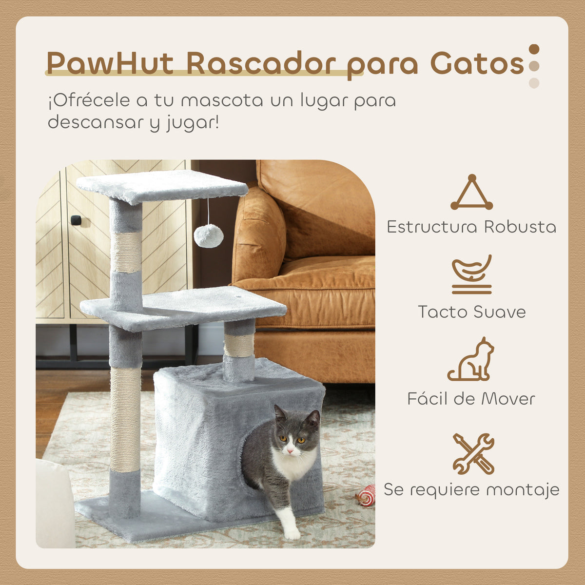 Pawhut Árbol Rascador Para Gatos Con Postes Plataformas Caja Bola Colgante Gris_3