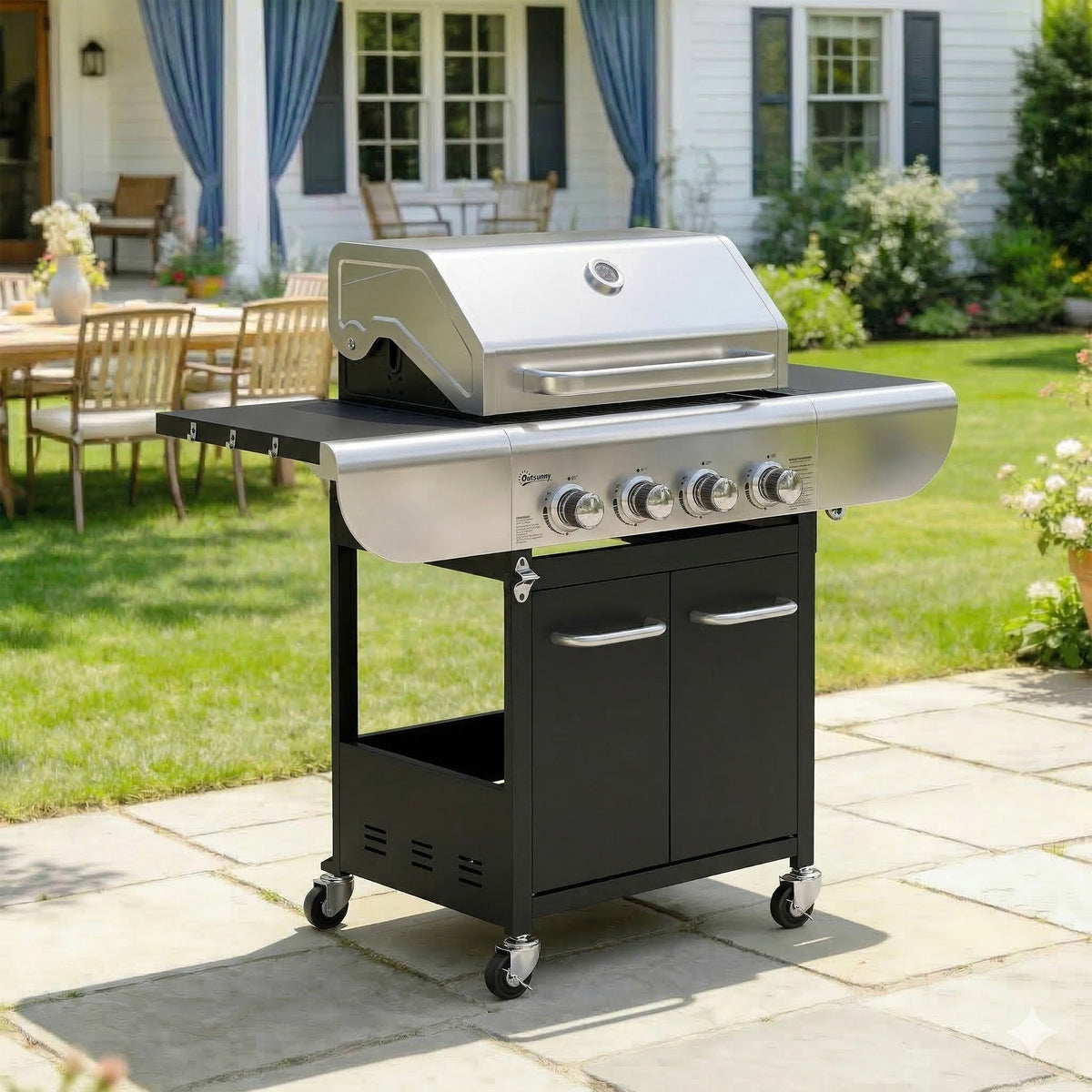 Barbacoa De Gas Outsunny Acero Inoxidable, Metal Negro 129x55x117 Cm_1
