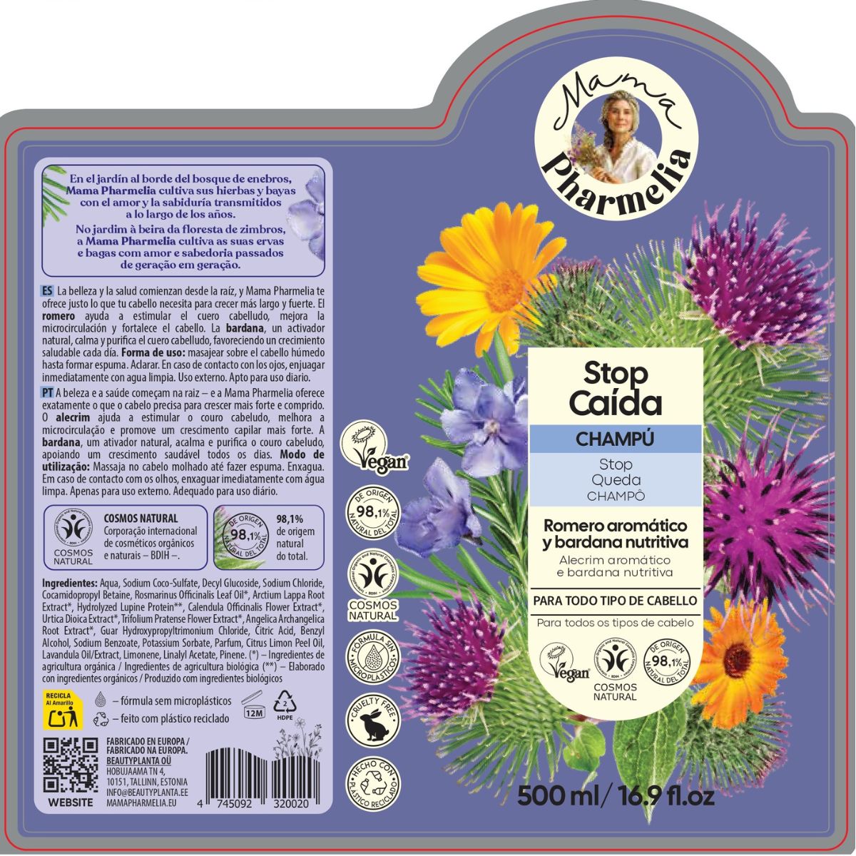 Champú Stop Caída con Romero Aromático y Bardana Nutritiva, Mama Pharmelia, 500ml