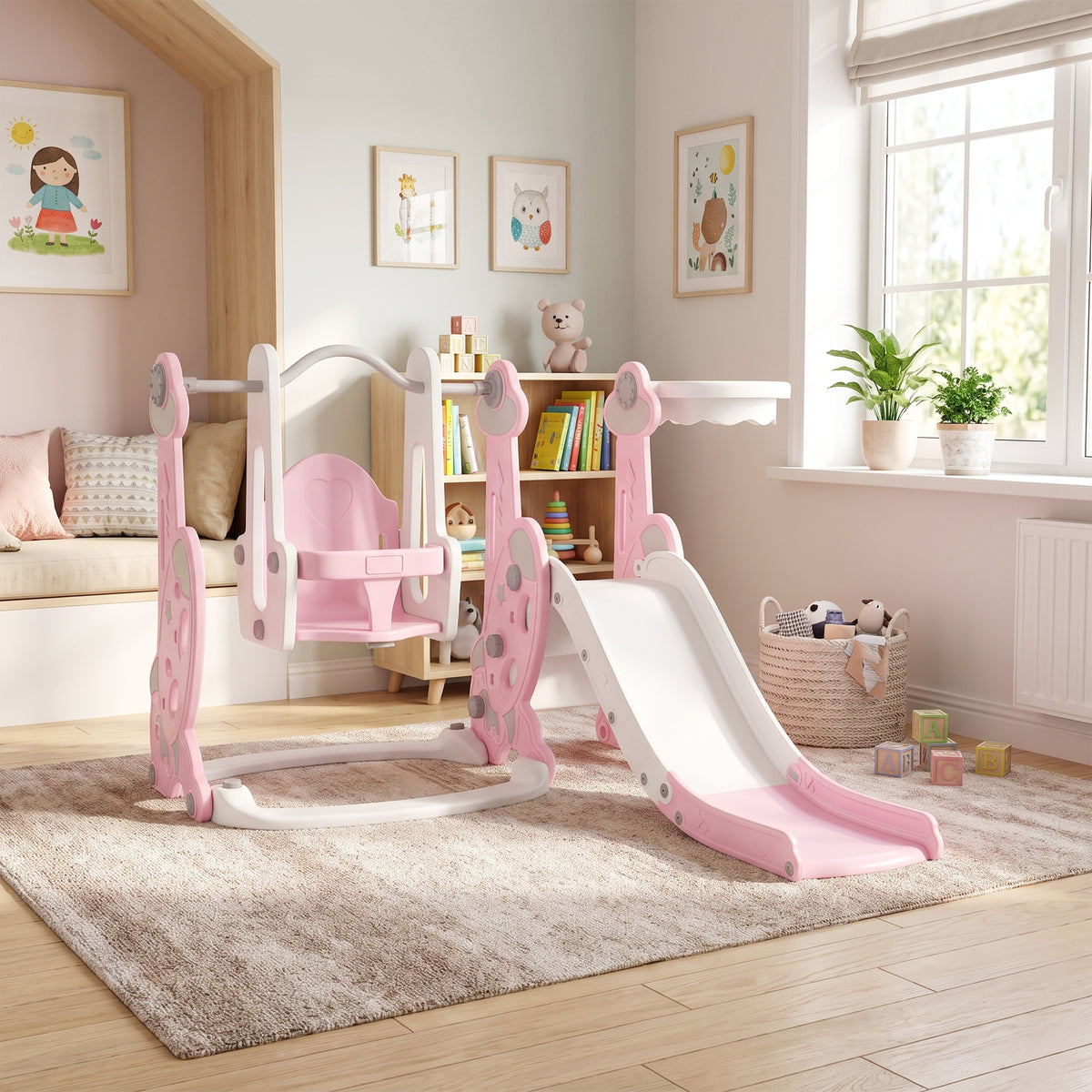 Aiyaplay Tobogán Infantil 4 En 1 Con Columpio Y Tobogán Para Interior Rosa_1
