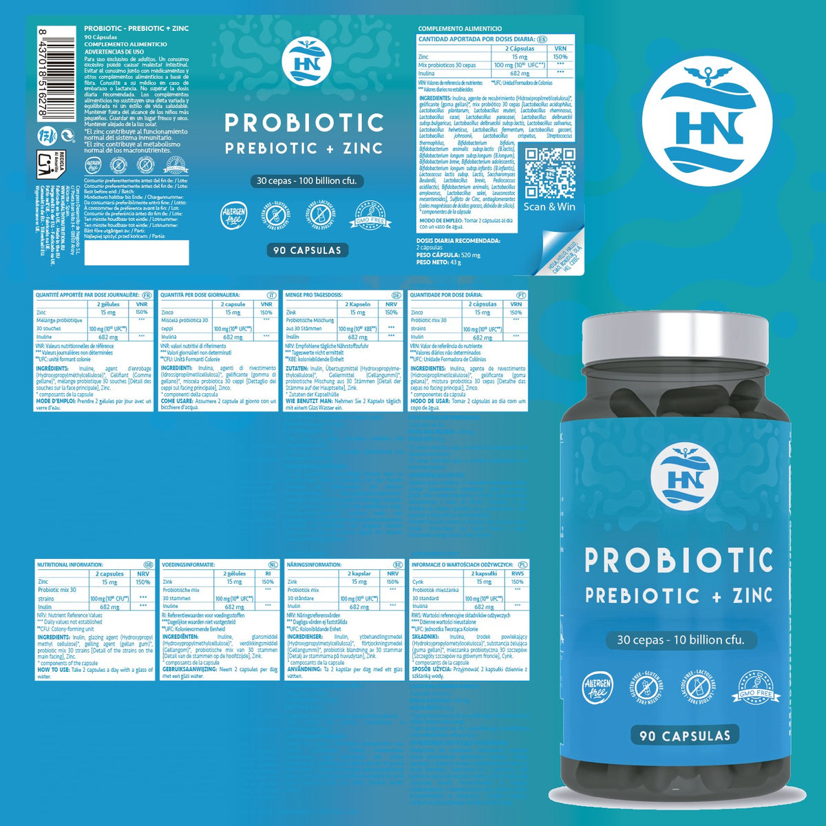 Probióticos Y Prebióticos Intestinales Con Zinc Pack 2 X 90 Cápsulas (180 Cápsulas) - 30 Cepas Bacterianas Hn_2