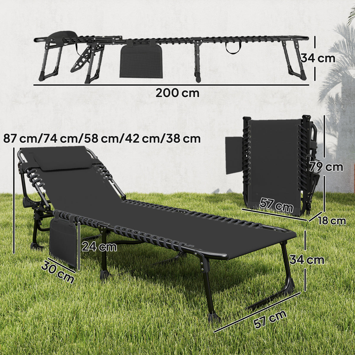 Tumbonas Plegables Outsunny Acero, Textilene Negro 200x57x38 Cm_2