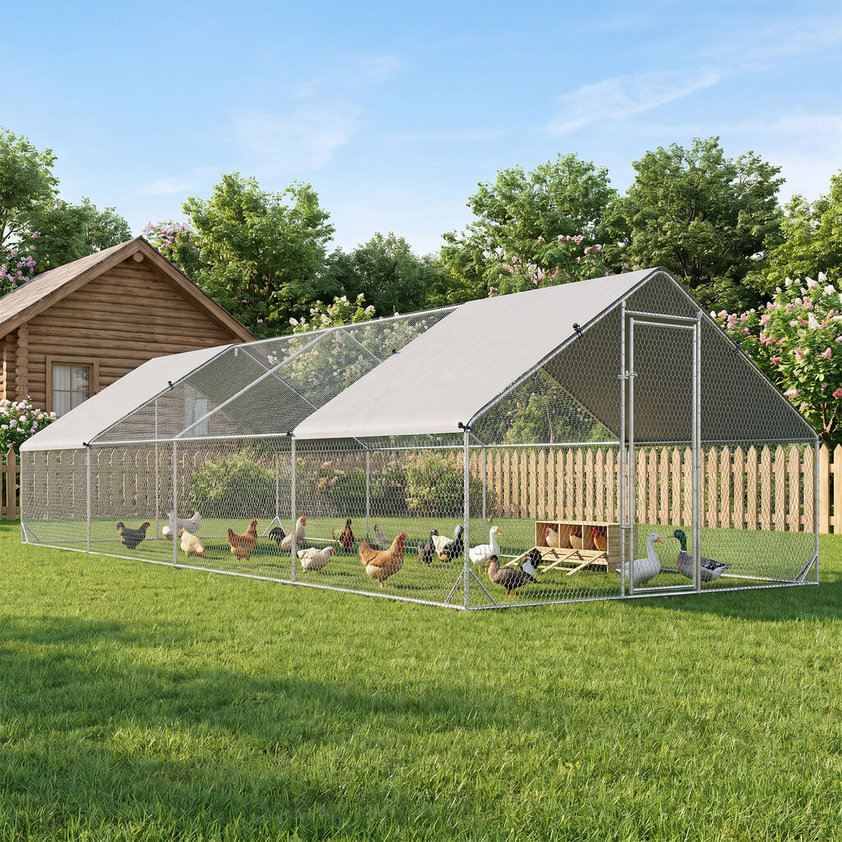 Gallinero De Exterior Acero Galvanizado Con Techo Pawhut 3x8x2 M Plata_3