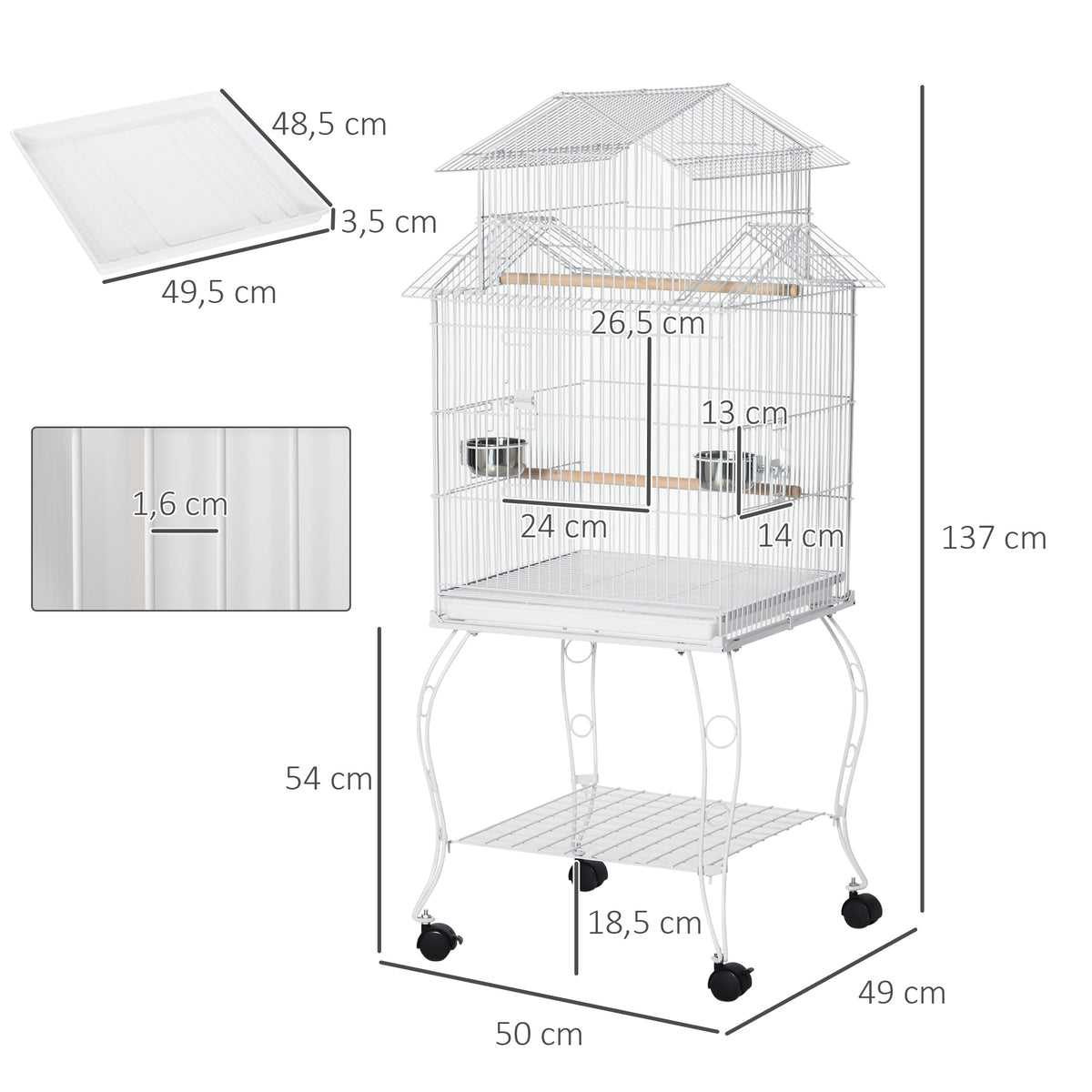 Jaula Para Pájaros Pawhut Acero, Madera Miscelánea Blanco 50x49x137 Cm_2
